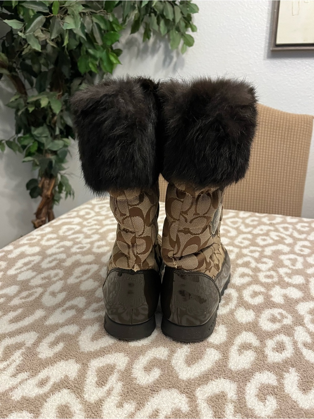 Coach Brown Signature Jacquard Fur-Trim Winter Boots - Picture 4 of 8